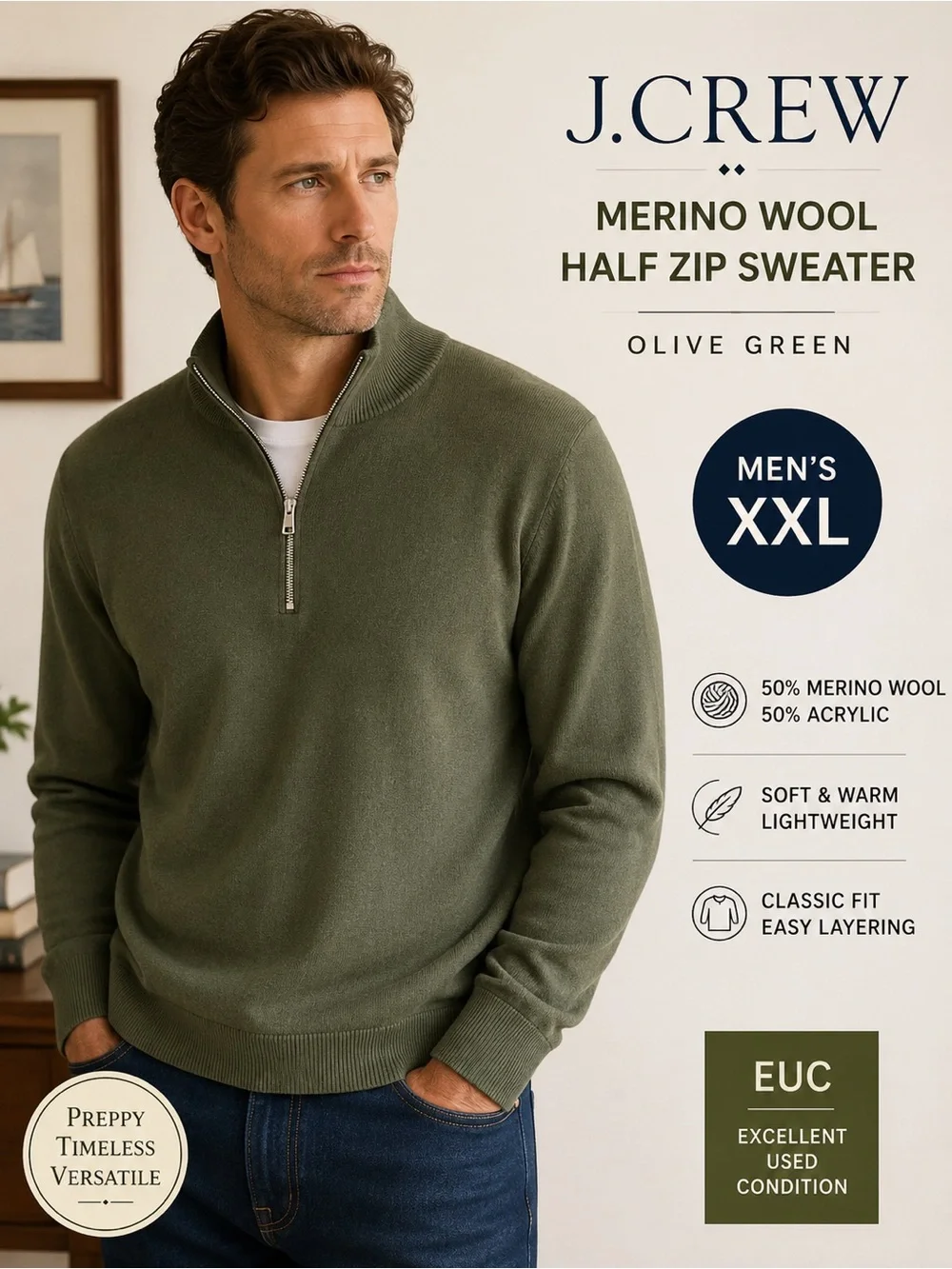 J. Crew Men’s XXL Merino Wool Blend Half Zip Sweater Olive Green Preppy